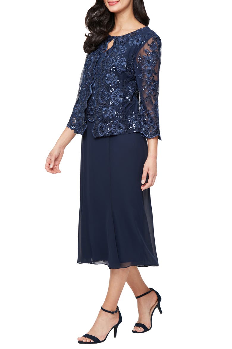 Embroidered Lace & Sequin Mock Cocktail Dress, Main, color, NAVY