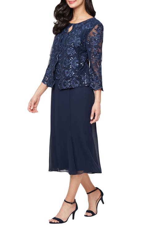 Embroidered Lace & Sequin Mock Cocktail Dress (Petite)