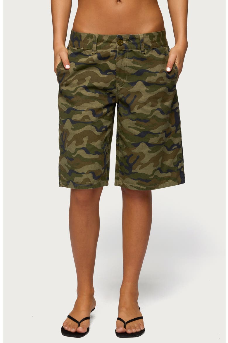 Camo Print Denim Bermuda Shorts, Main, color, OLIVE