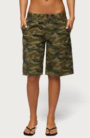 EDIKTED Camo Print Denim Bermuda Shorts