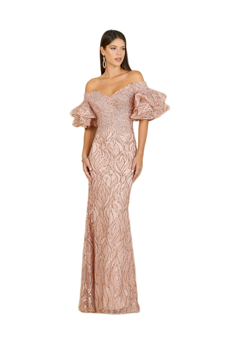 Off Shoulder Mermaid Beaded Gown with Tiered Sleeves, Main, color, Rose Gold