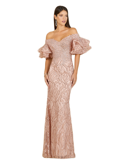 Off Shoulder Mermaid Beaded Gown with Tiered Sleeves