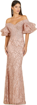 LARA New York Off Shoulder Mermaid Beaded Gown with Tiered Sleeves