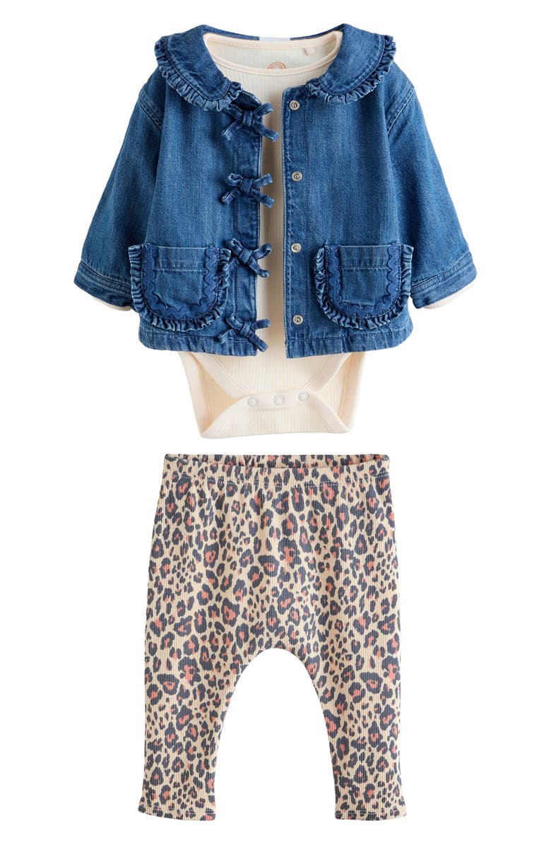 NEXT Rib Bodysuit, Denim Jacket & Leggings Set, Main, color, Blue