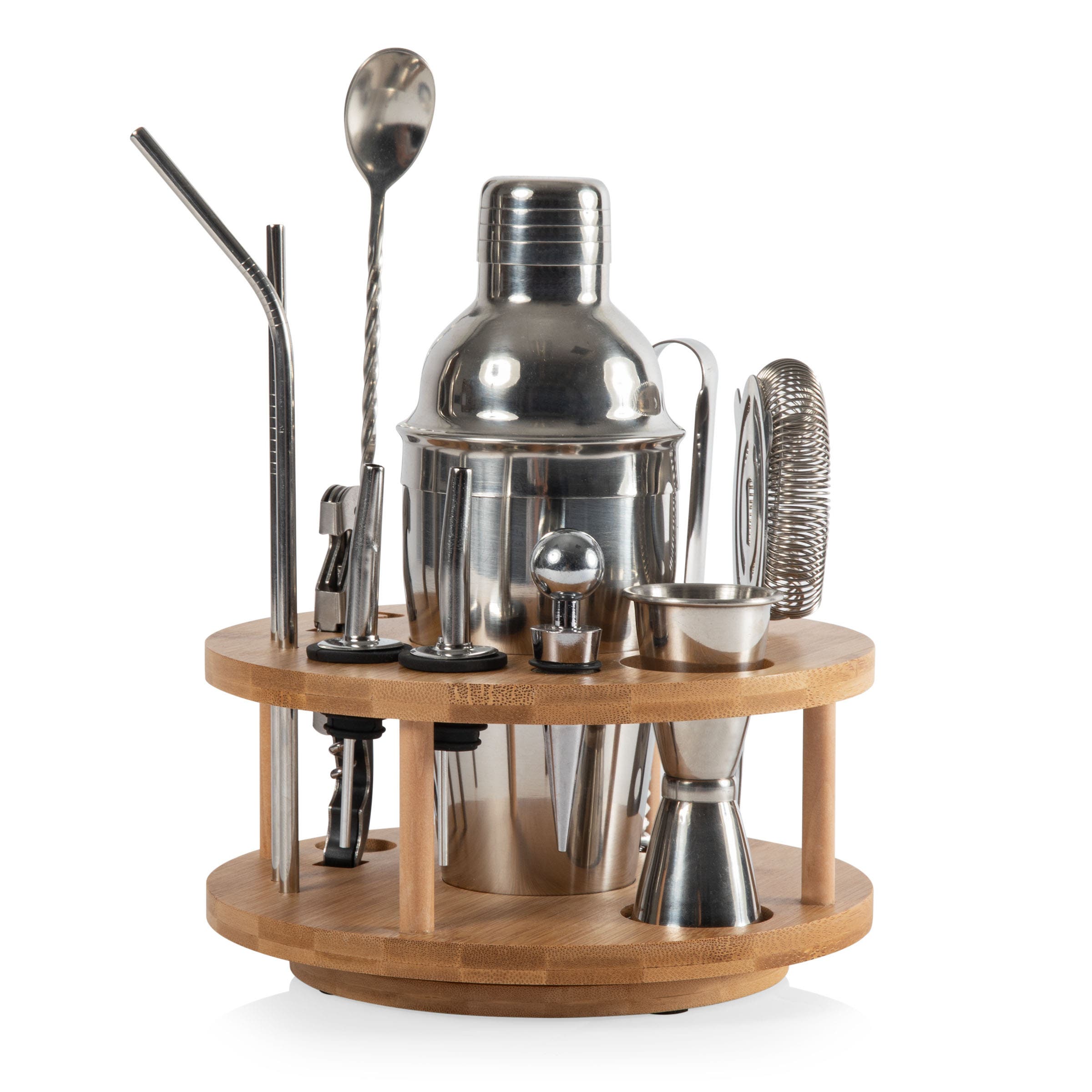 Legacy Lazy Susan Bar Tool Set - Bamboo With Silver Accents
