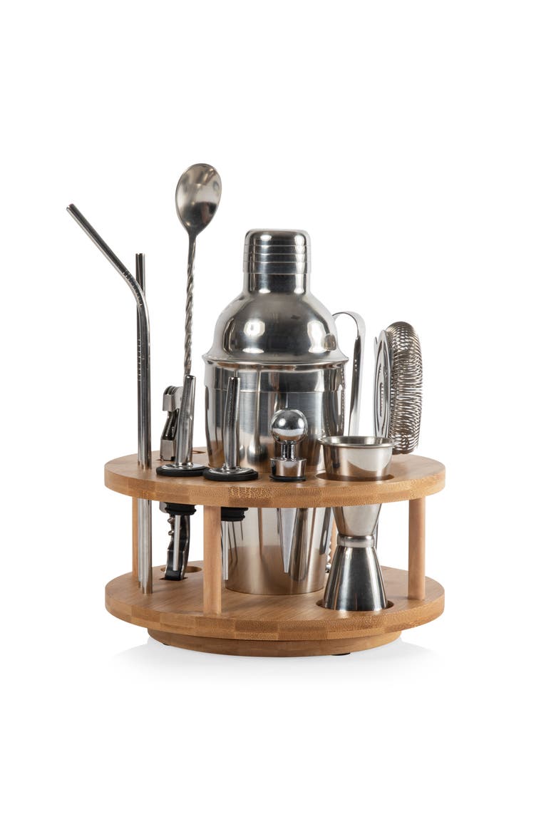 Lazy Susan Bar Tool Set, Main, color, Bamboo with Silver Accents