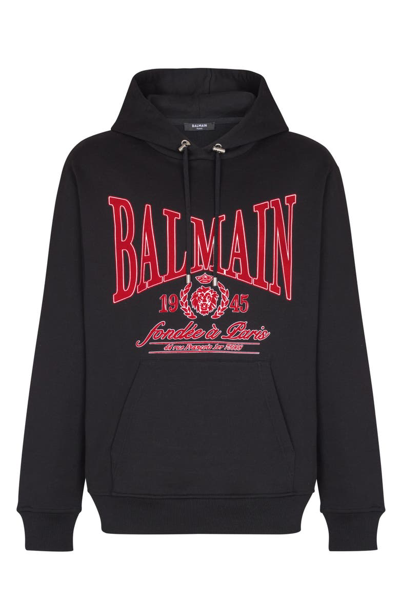 Balmain Flocked Balmain College hoodie, Main, color, Black