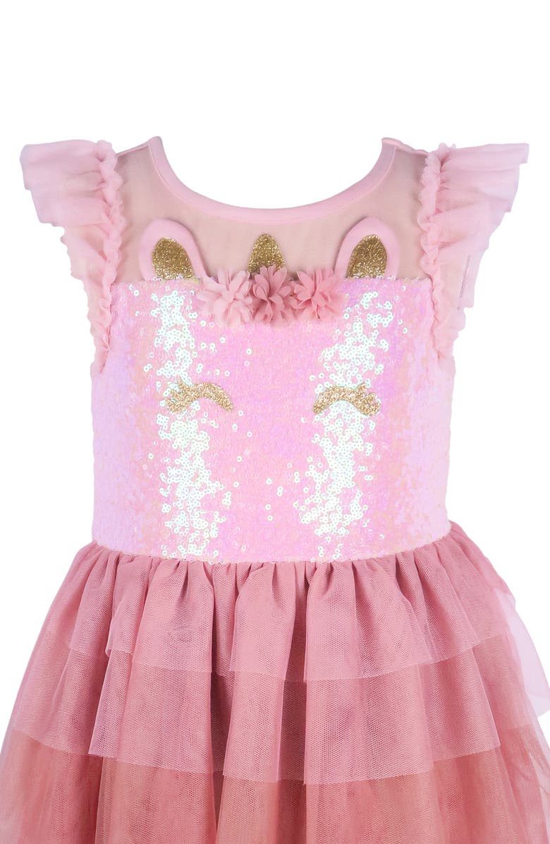 Zunie Kids' Flutter Sleeve Sequin Unicorn Tiered Mesh Dress, Alternate, color, Blush/ Marsala