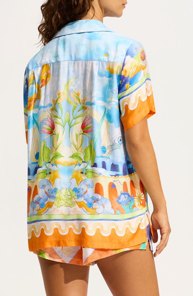 Seafolly Aquarius Linen Button-Up Cover-Up Shirt, Alternate, color, Turquoise