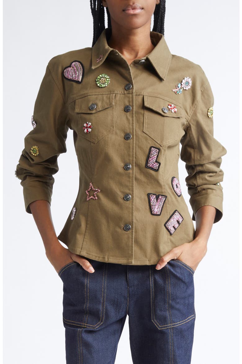 Love Appliqué Ruched Sleeve Jacket, Main, color, DARK OLIVE/ MULTI