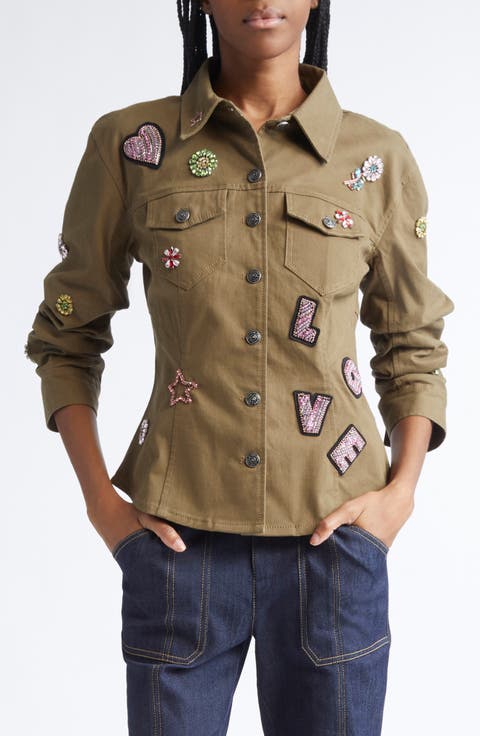 Love Appliqué Ruched Sleeve Jacket