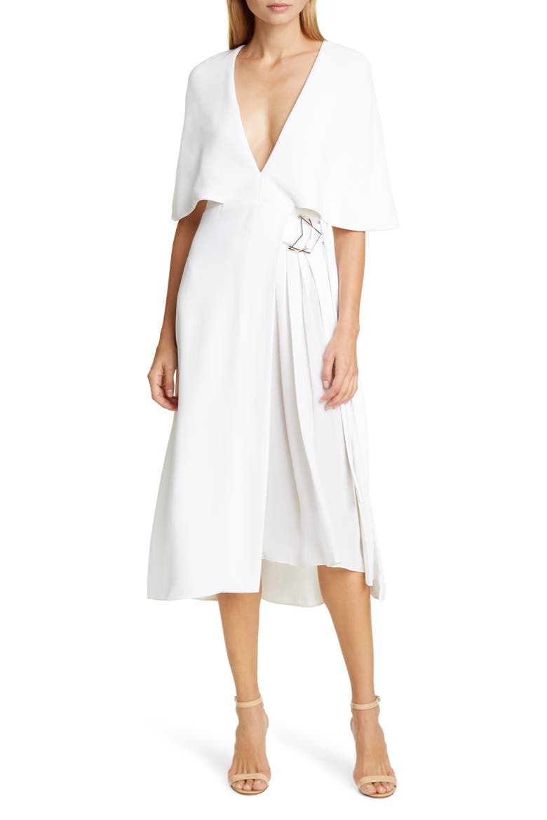 Cape Sleeve Pleat Panel Midi Dress, Main, color, WHITE