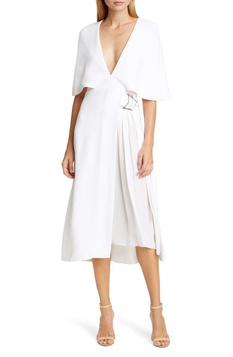 CUSHNIE Cape Sleeve Pleat Panel Midi Dress, Main, color,