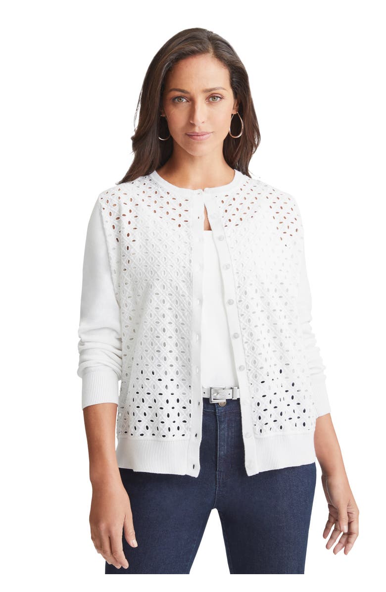 Jessica London Fine Gauge Eyelet Cardigan, Main, color, White