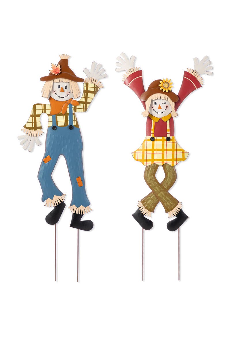 Set of 2 Fall Metal Dancing Scarecrows Yard Stake, Main, color, Orange