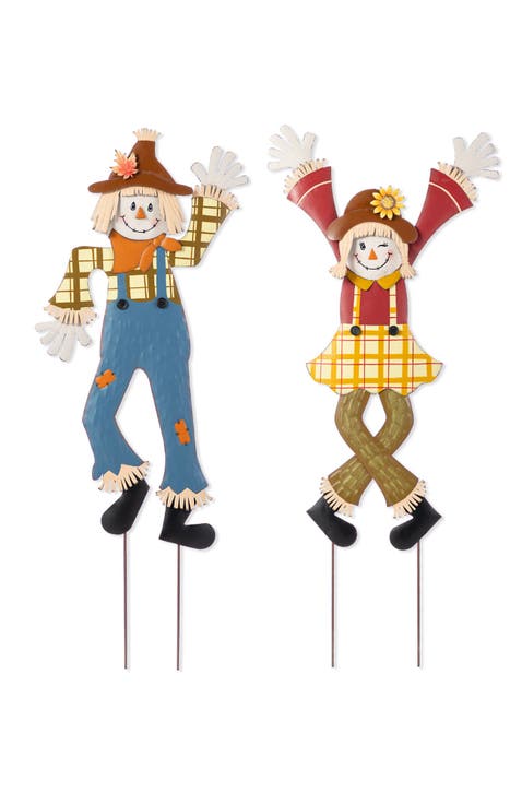Set of 2 Fall Metal Dancing Scarecrows Yard Stake