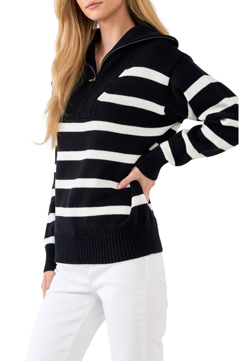 Stripe Cotton Zip Pullover, Alternate, color, BLACK