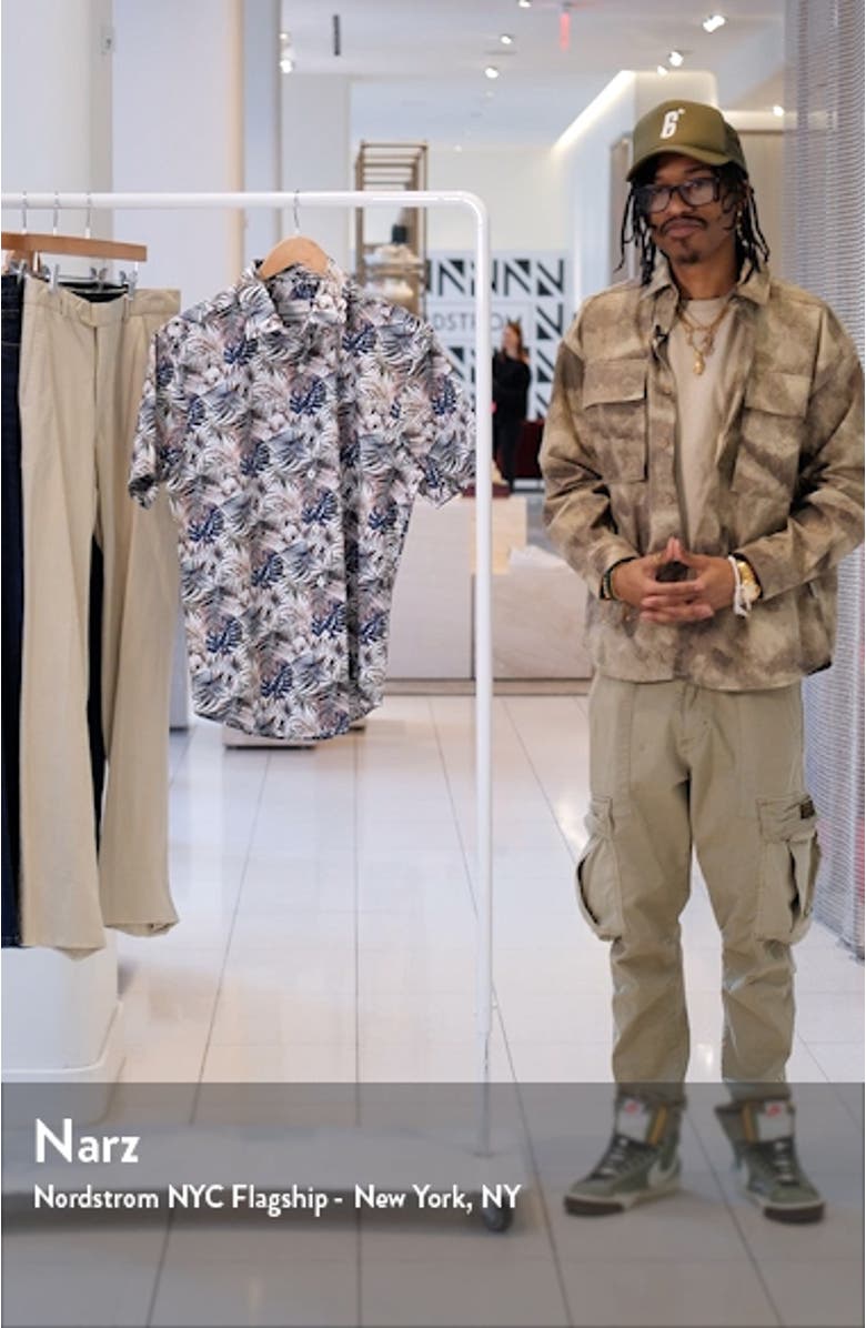 Orson Shaped Fit Frond Print Stretch Cotton Camp Shirt, sales video thumbnail