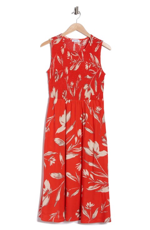 Smocked Sleeveless Fit & Flare Midi Dress