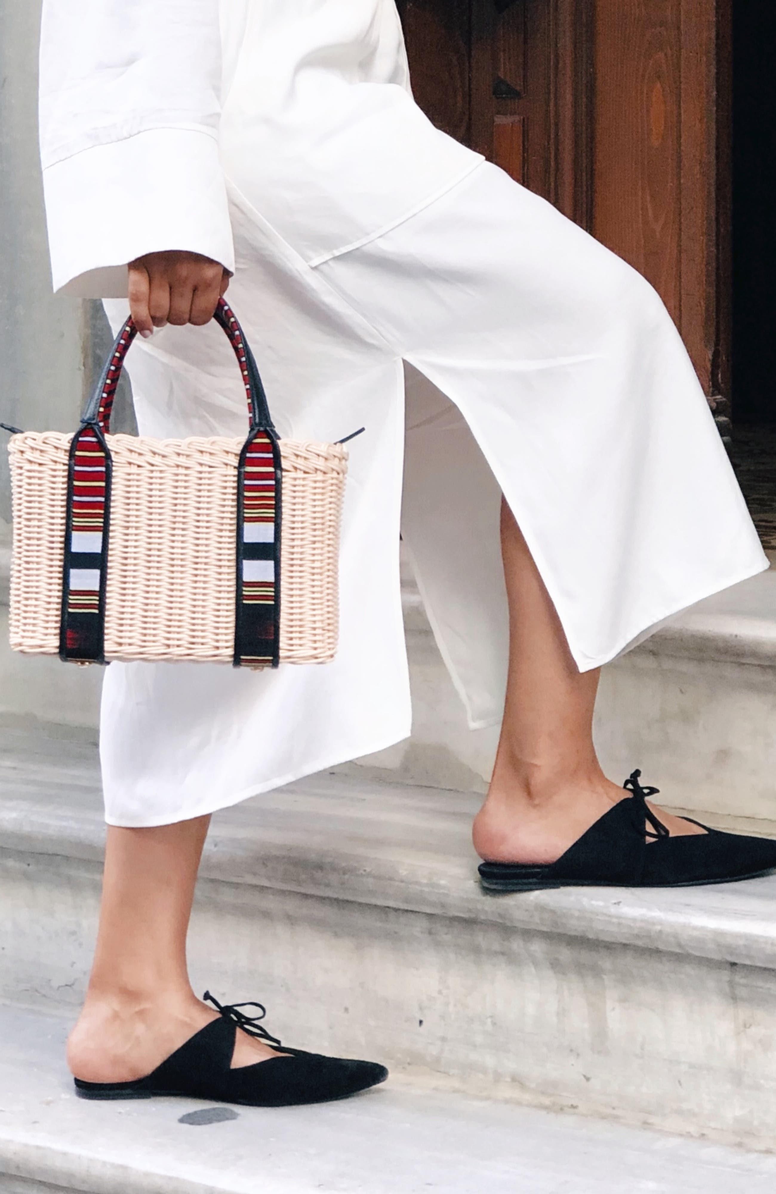 K
ai 
Vrosi Woven Straw Handbag with Leather Trimmed Handles, Alternate, color, Black