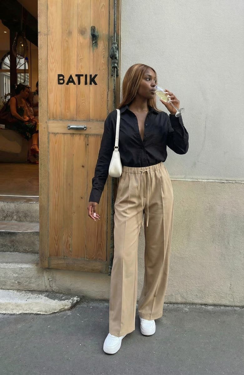 Modenaire Wide Leg Drawstring Trousers, Alternate, color, Khaki