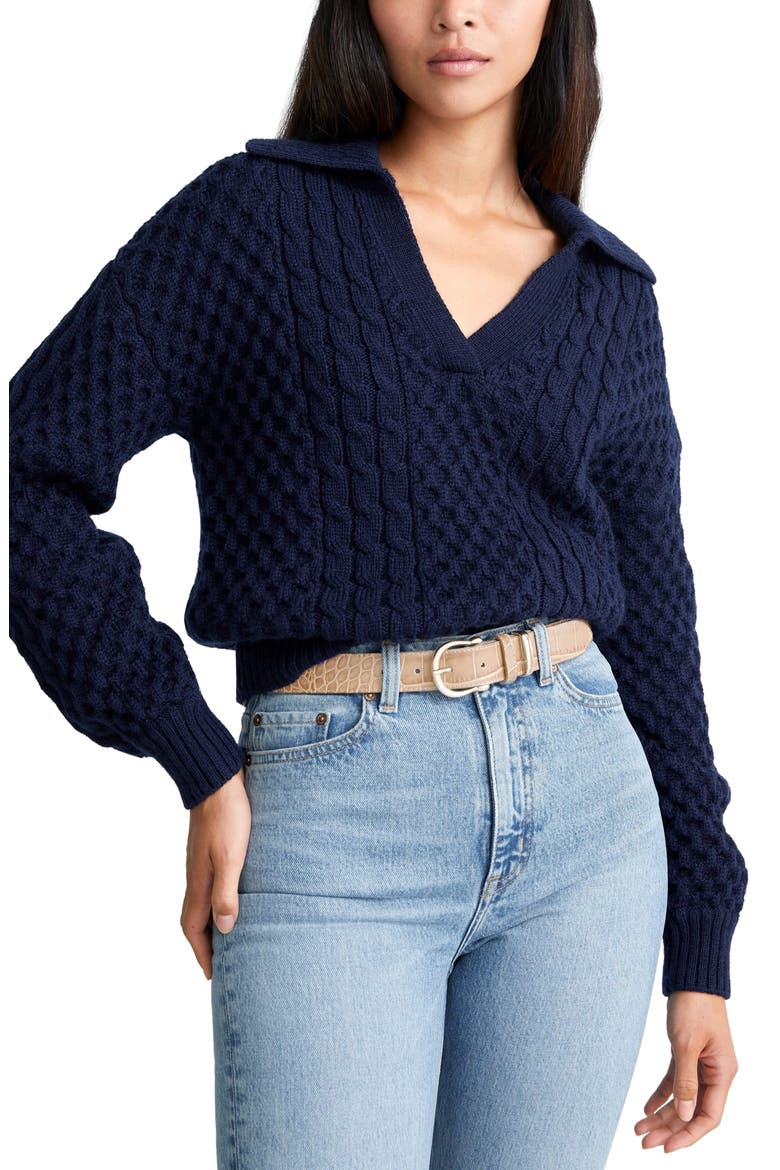 Cable Knit Merino Wool Polo Sweater, Main, color, NAVY