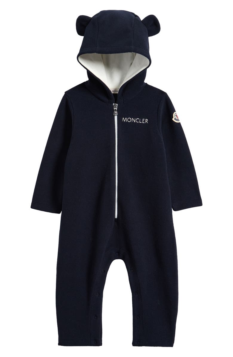 Moncler Fleece Hooded Zip Romper, Main, color, Navy