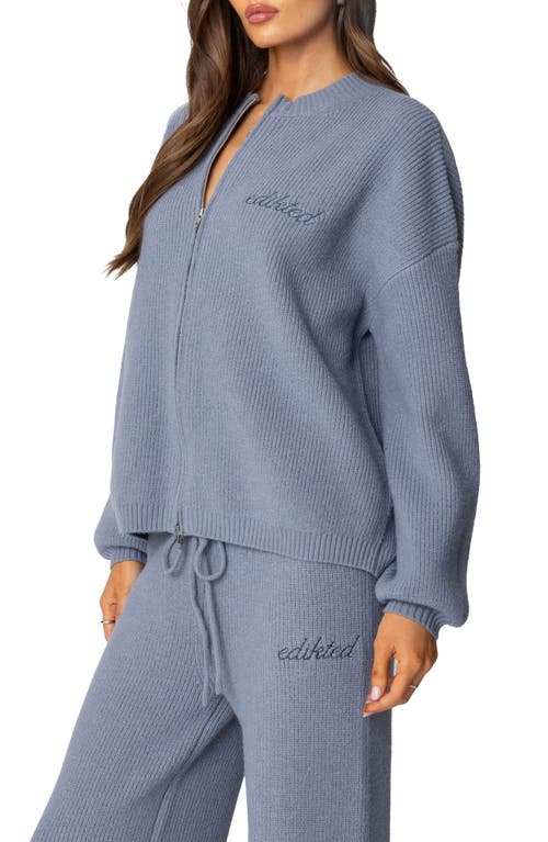 Edikted Kris Ribbed Knit Zip Up Sweater In Blue