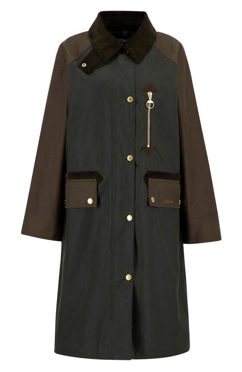 Barbour Long Length Waxed Jacket With Contrast Collar In Green