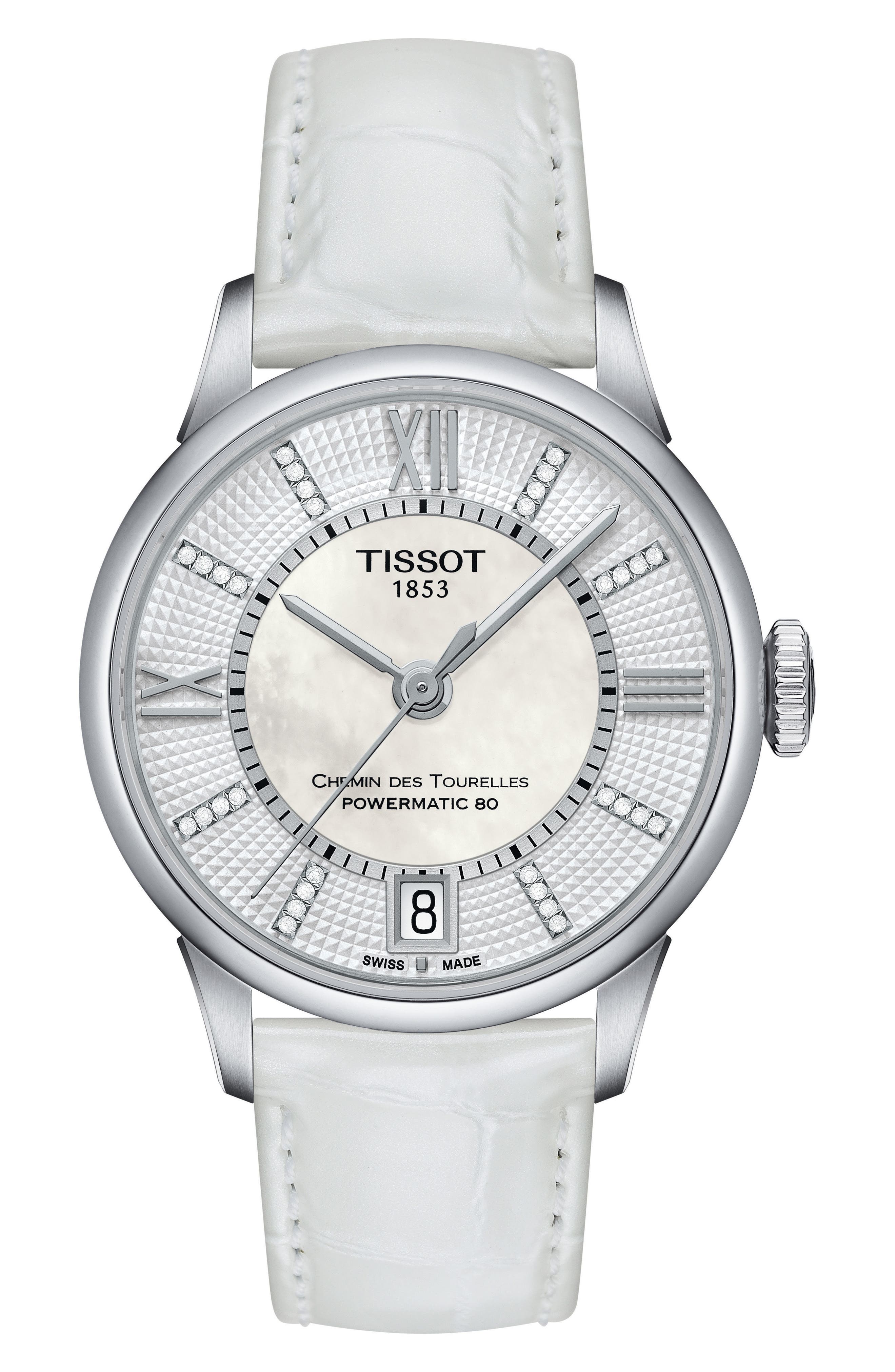 Tissot Chemin Des Tourelles Diamond Leather Strap Watch, 32mm