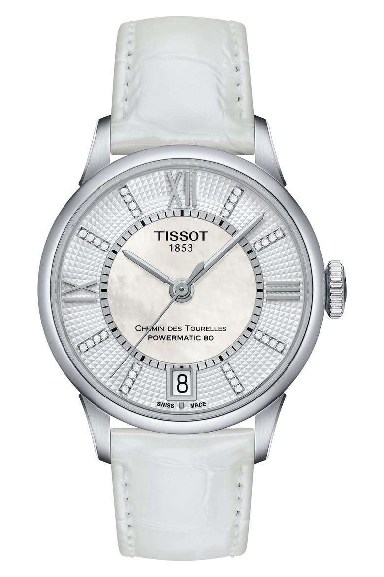 Chemin Des Tourelles Diamond Leather Strap Watch, 32mm, Main, color, WHITE/MOTHER OF PEARL/SILVER