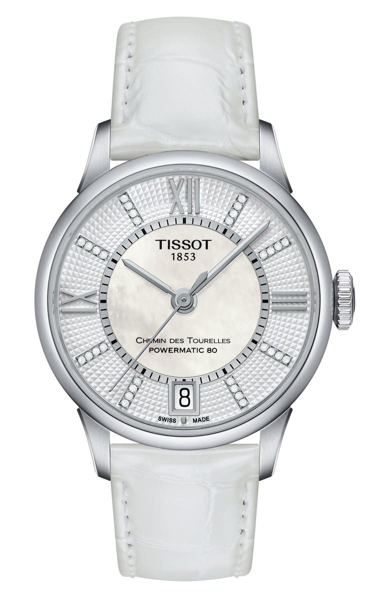 Tissot Chemin Des Tourelles Diamond Leather Strap Watch, 32mm, Main, color, White/Mother Of Pearl/Silver