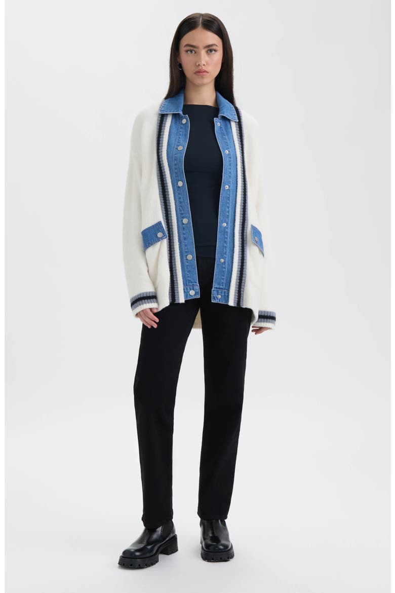 Denim Trim Varsity Cardigan, Alternate, color, MARSHMALLOW