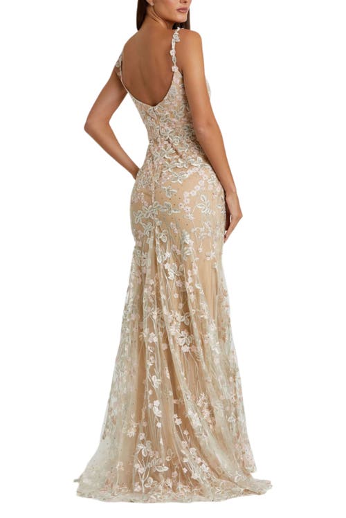 Mac Duggal Floral Embroidered Corset Bodice Gown In Nude Multi