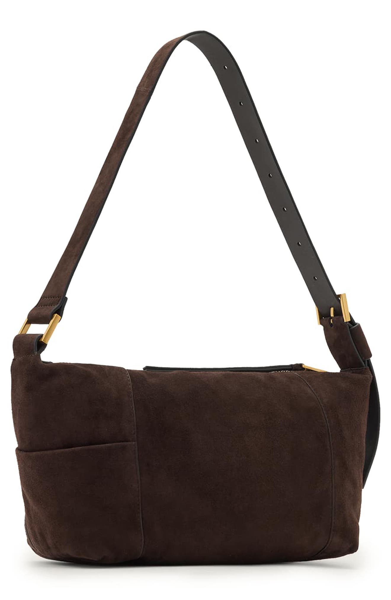 AllSaints Vega Suede Shoulder Bag, Alternate, color, Bitter Brown