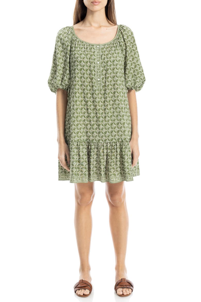 Puff Sleeve Tunic Dress, Main, color, IVY BATIK DA-IVORY BATIK DAISY