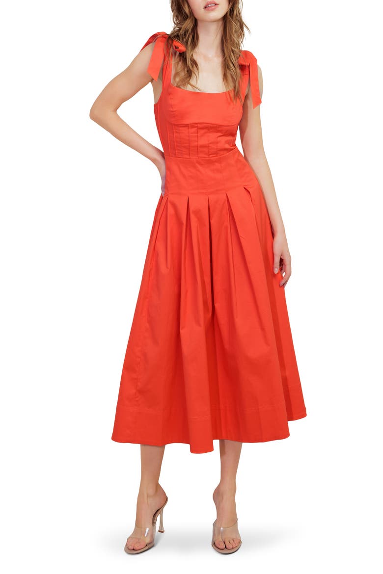 Tie Strap Stretch Cotton Midi Dress, Main, color, CORAL RED