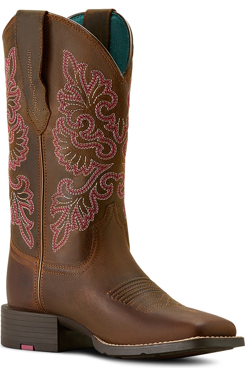 Ariat Round Up StretchFit<sup>™</sup> Wide Square Toe Western Boot, Main, color, Sassy Brown