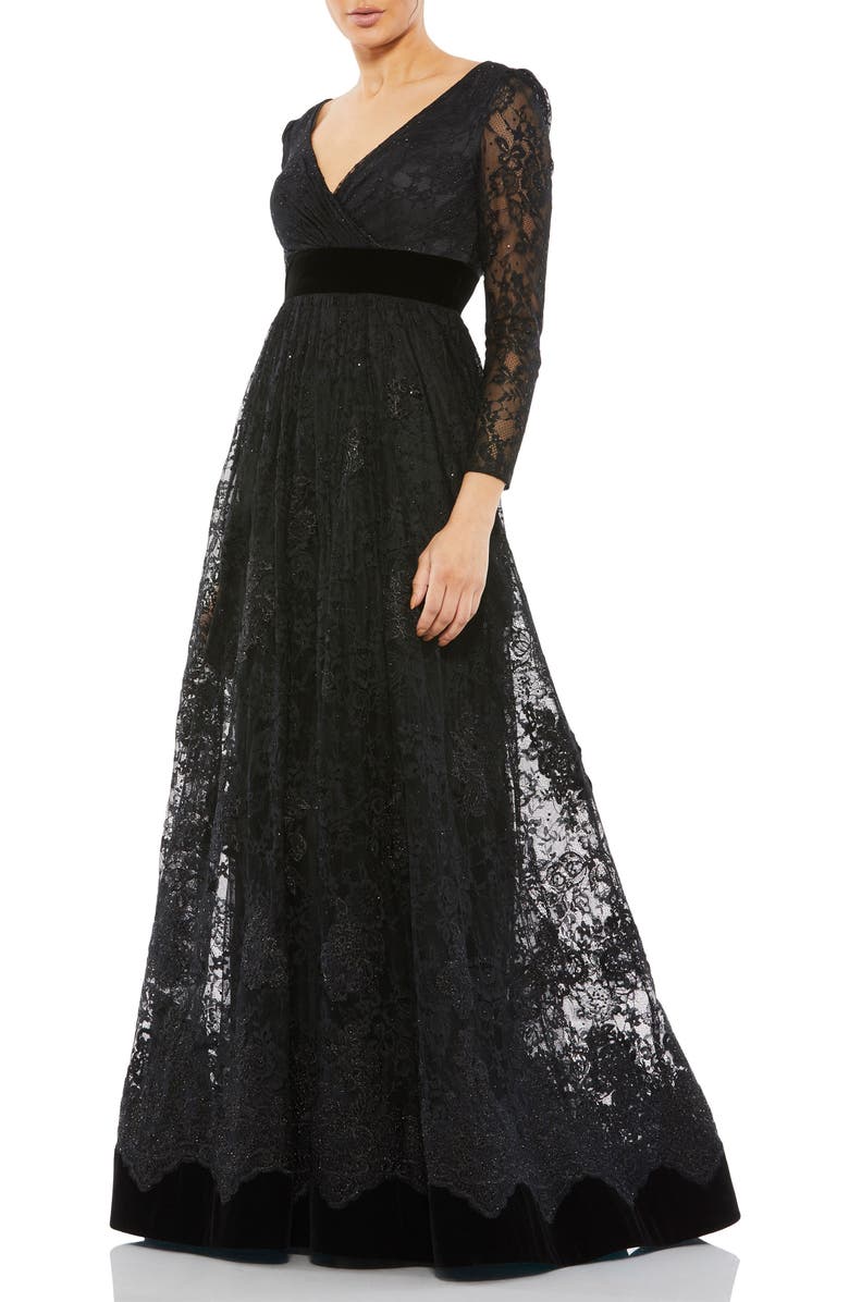 Mac Duggal Lace Long Sleeve Wrap Over Velvet Waistband A Line, Main, color, Black