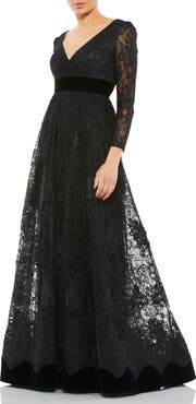 Mac Duggal Lace Long Sleeve Wrap Over Velvet Waistband A Line