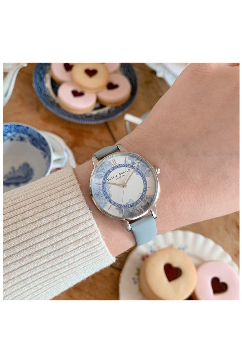 Tea Party Leather Strap Watch, 34mm, Alternate, color, BLUE/ WHITE