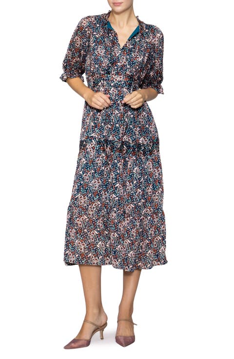 Floral Elbow Sleeve Tiered Midi Dress