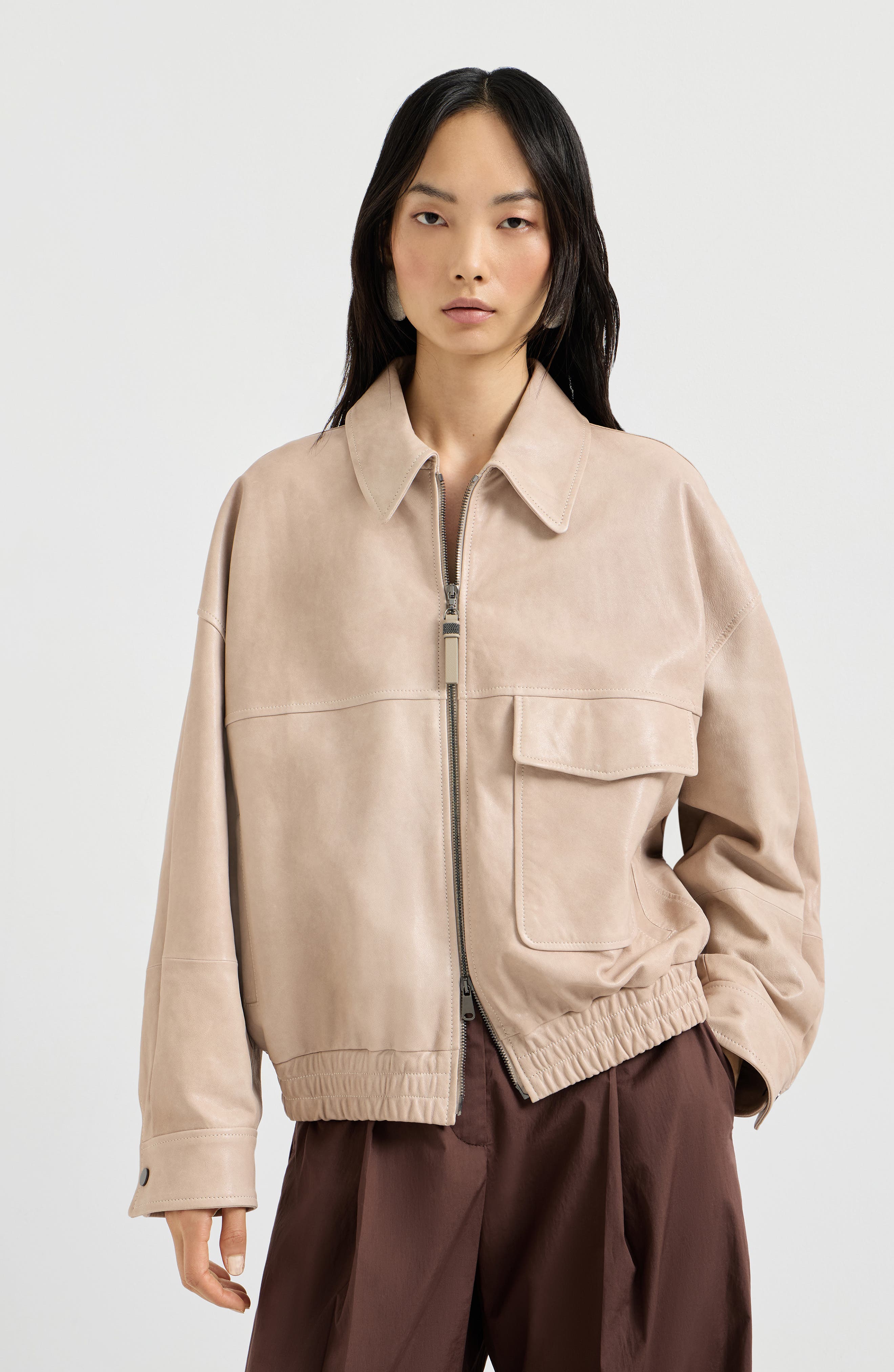 Glossy nappa leather outerwear jacket