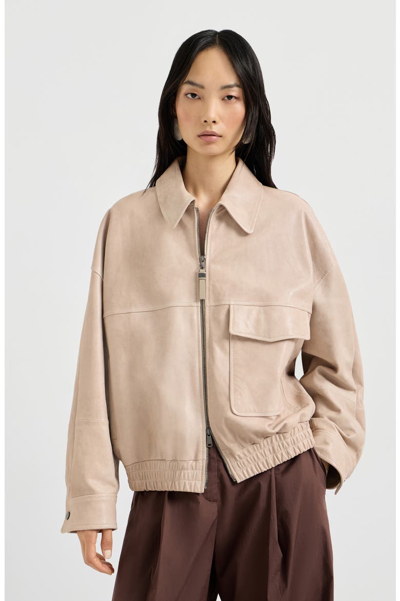 Glossy nappa leather outerwear jacket, Main, color, Beige