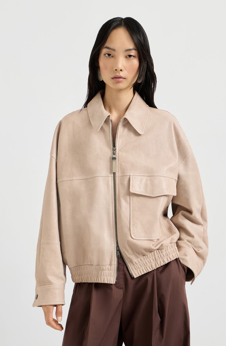 Brunello Cucinelli Glossy nappa leather outerwear jacket, Main, color, Beige