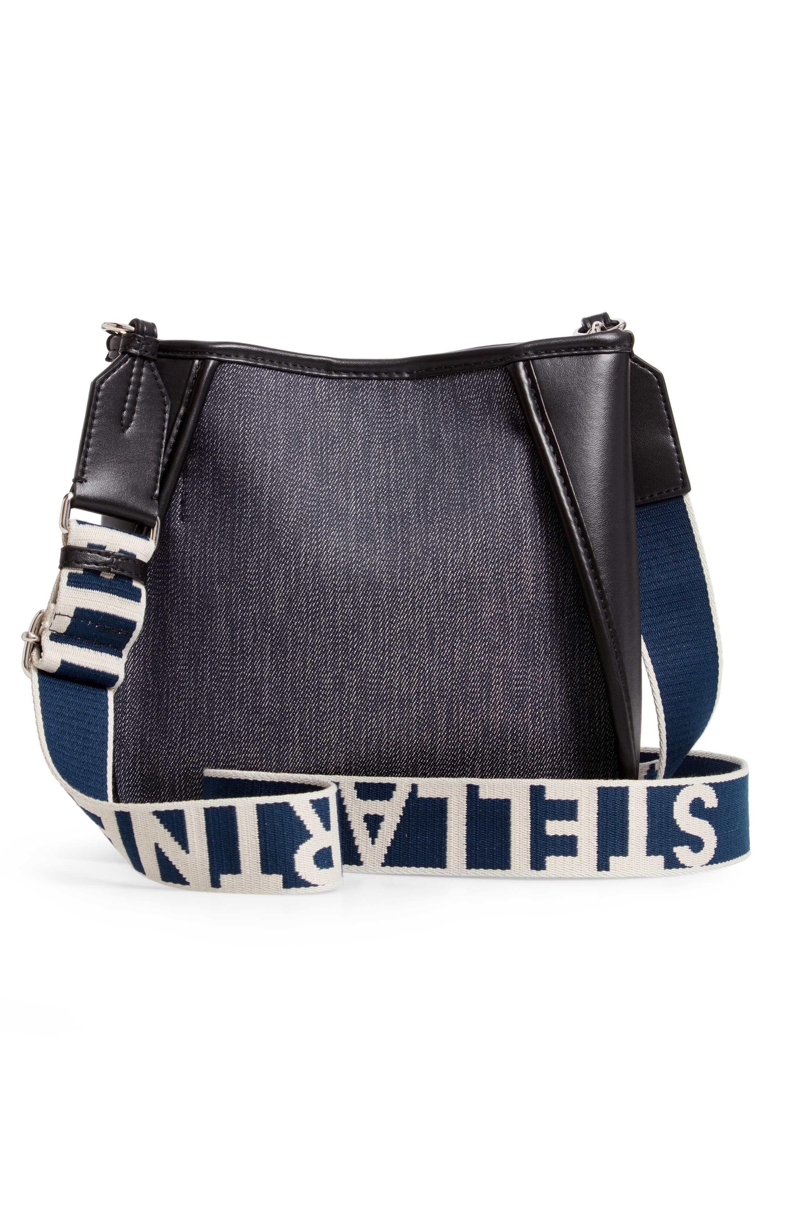 Stella McCartney Mini Embroidered Logo Denim & Faux Leather Crossbody Bag, Alternate, color, 