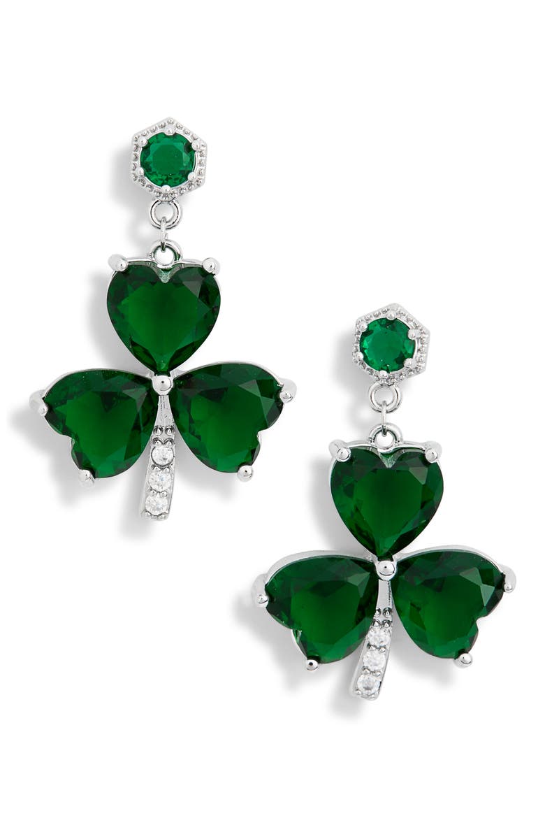 Johanna Cubic Zirconia Shamrock Drop Earrings, Main, color, SILVER/GREEN