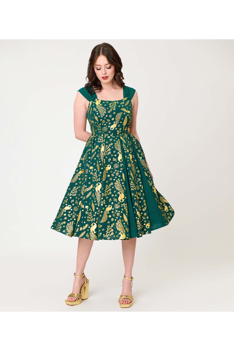 Square Neck Sleeveless Godet Swing Dress, Main, color, Green Foiled Peacock