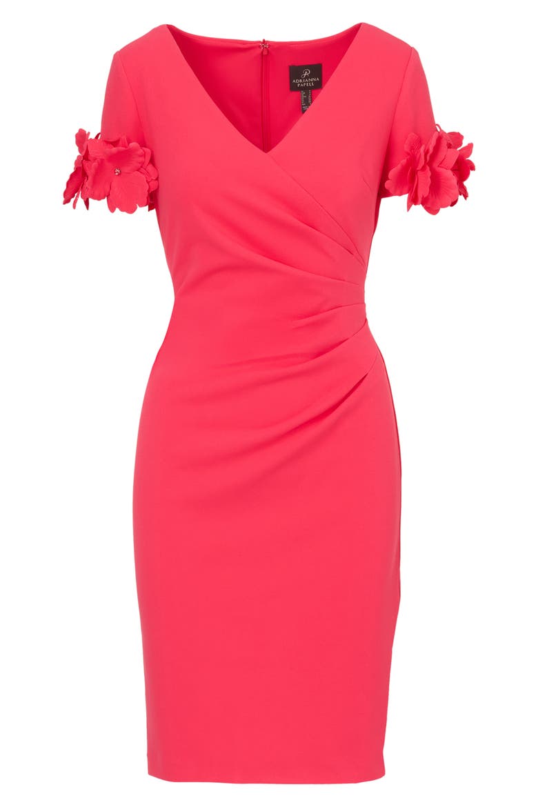 3D Flower Cuff Crepe Faux Wrap Dress, Alternate, color, PETUNIA