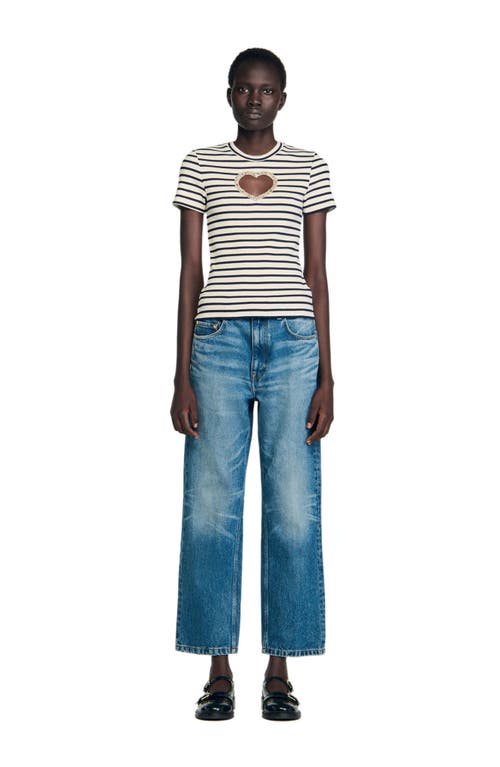 Sandro Womens Ecru Striped Embellished-heart Stretch-cotton T-shirt In White